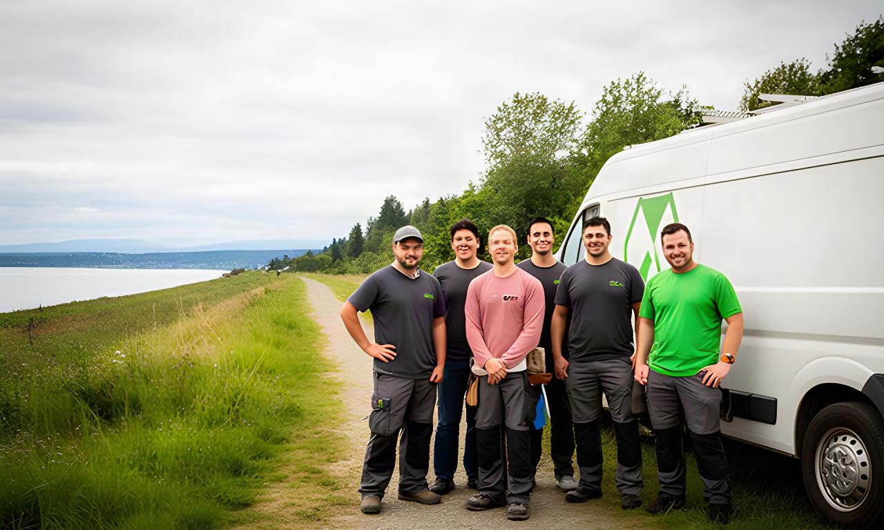 Local service professionals standing beside a work van near Boundary Bay Dyke Trail in Delta, British Columbia